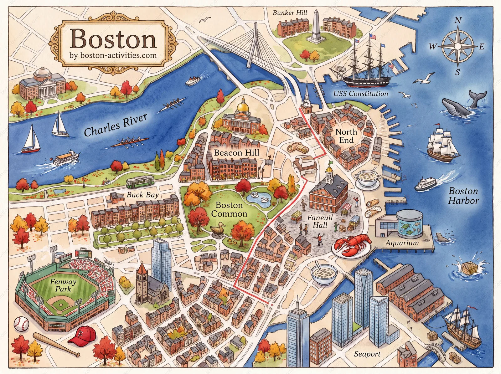 Illustrated map of central Boston showing the Common, Freedom Trail sights, North End, Fenway Park, Charles River and harbour.